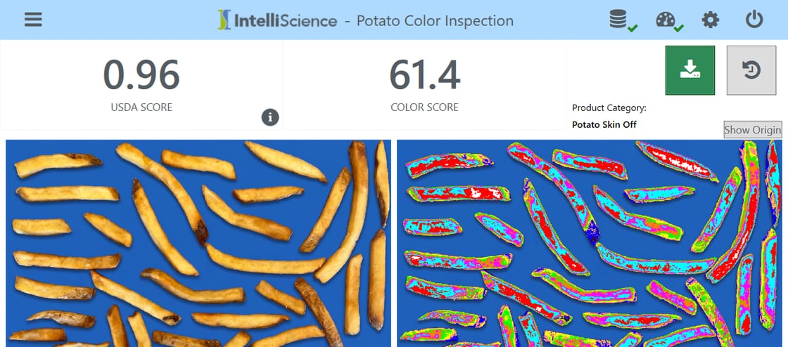 The IntelliScience Appliance color inspection screen showing a USDA score of 0.96 and a color score of 61.4, with the raw sample beside its color map.