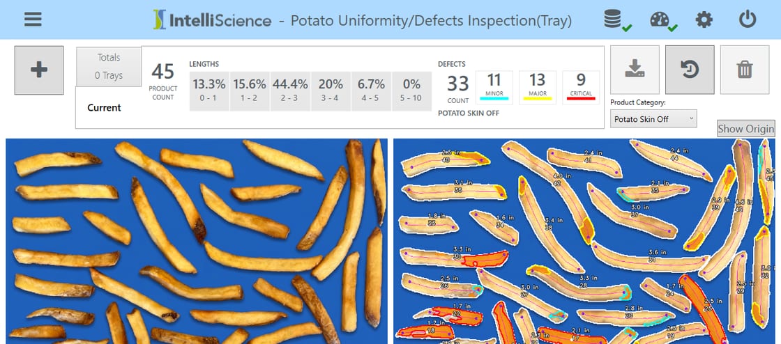 The IntelliScience Appliance uniformity and defects screen showing a 45-piece count, the length distribution and minor, major and critical defect counts, with every piece outlined and measured.