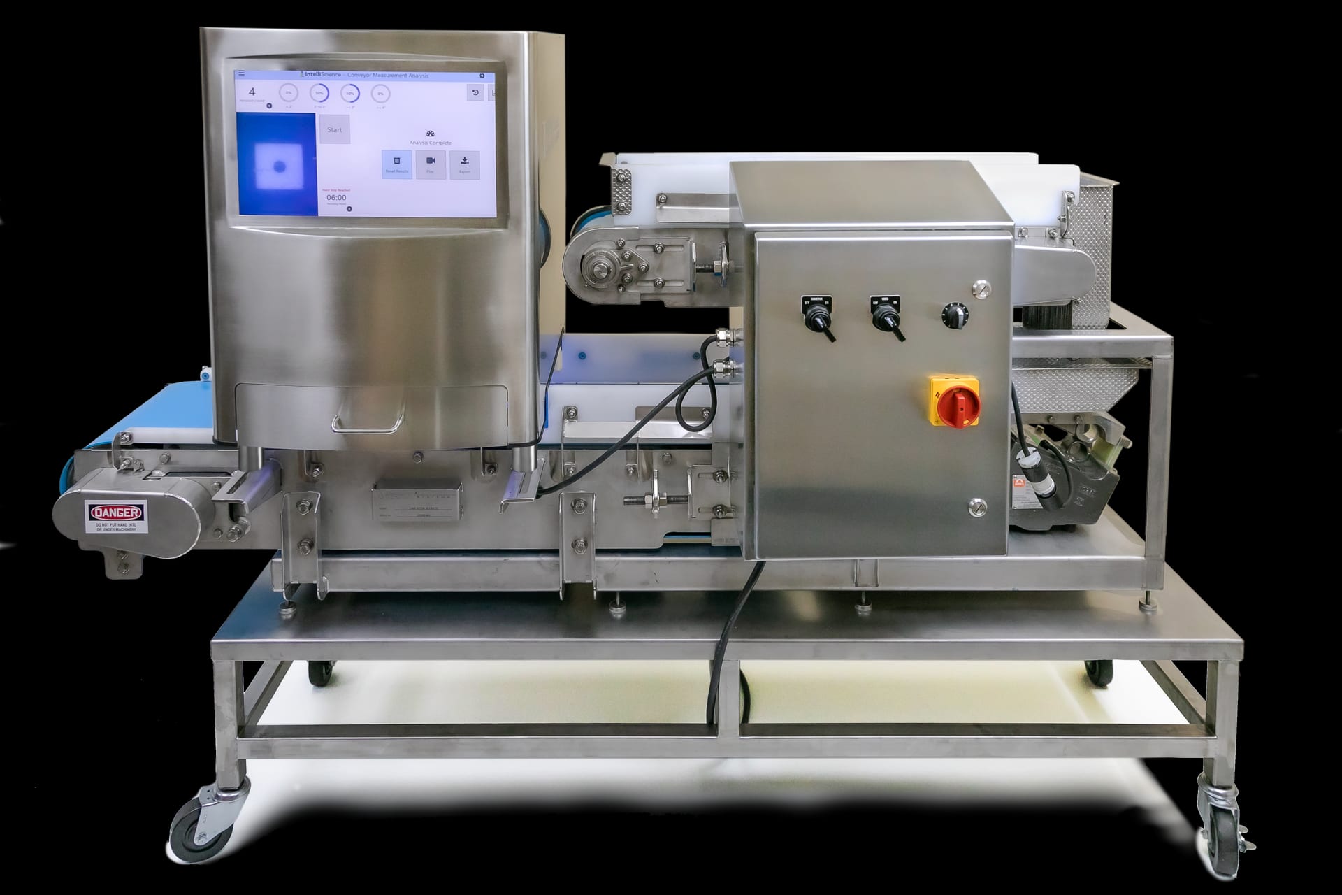 The iVIA benchtop inspection unit, front view, its screen displaying a live sample grade.