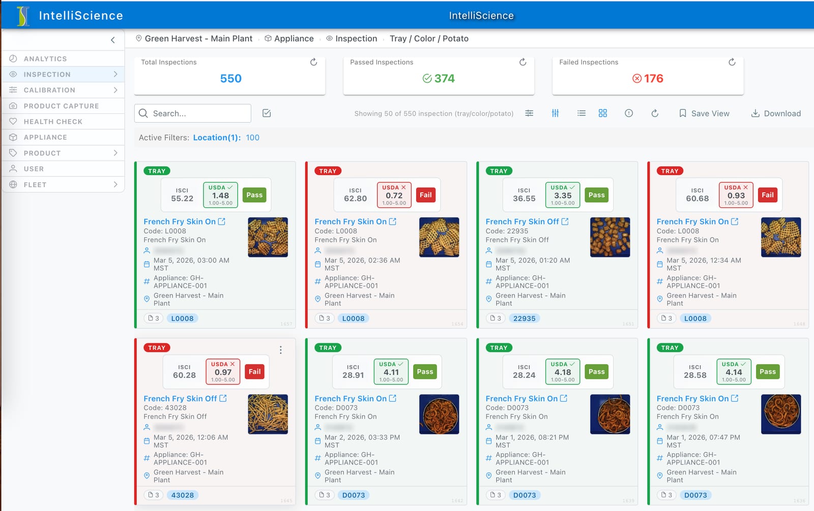 The IntelliScience portal inspection view: total, passed and failed inspection counts above a grid of inspection cards, each showing its scores, a pass or fail result, the product and a thumbnail of the sample.